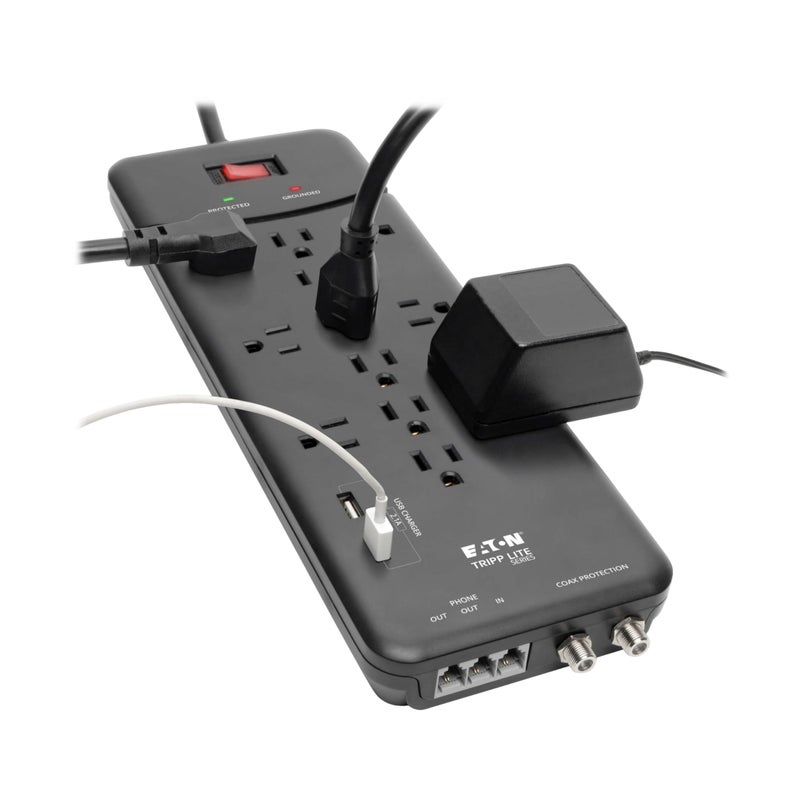 Tripp Lite Eaton Tripp Lite TLP128TTUSBB Surge Protector Power Strip, 2 USB Charging Ports, 12 Outlets, Flat Plug 8ft Extension Cord, 4320 Joules | Coax and RJ11 Port for Home Phone, TV, & WiFi Router Protection - Image 2